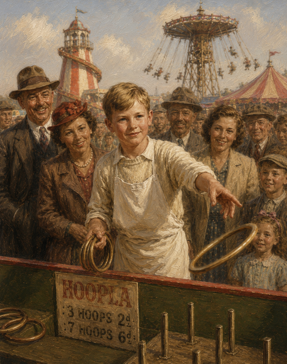 Billy Butlin at a fairground hoopla stall — painted portrait
