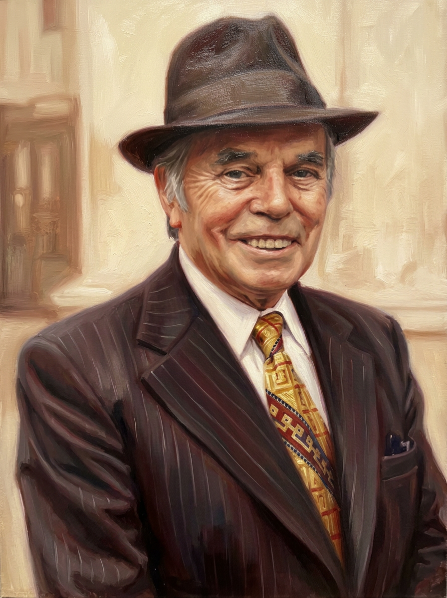 Sir Billy Butlin in a fedora — painted portrait